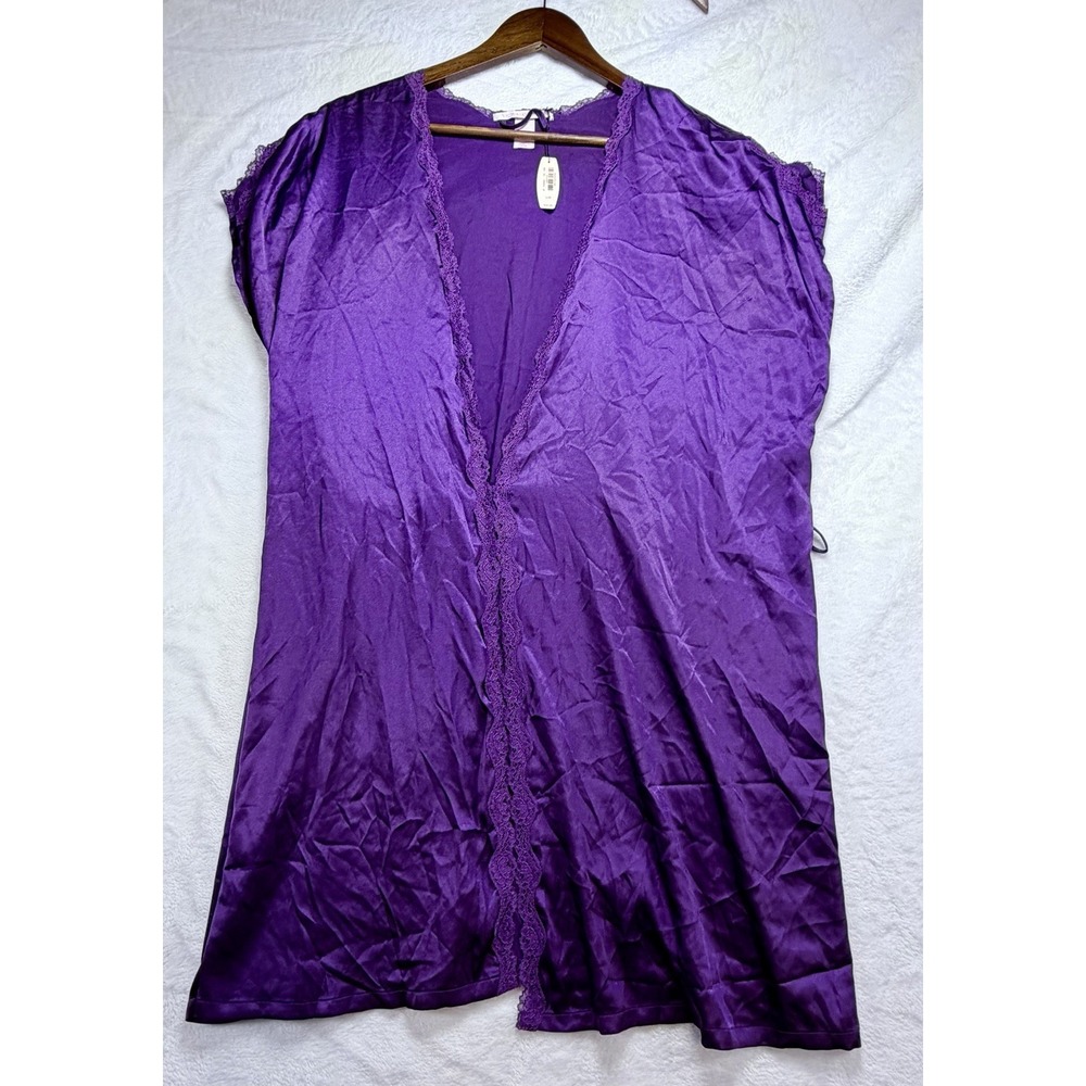 Victoria's Secret Purple Satin Lace Trim Kimono Robe‎ Lg Short Sleeve NWT